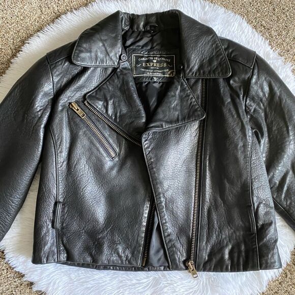 Express Genuine Leather Jacket Vintage Black Moto Y2K Womens Size Medium No Belt - Picture 3 of 11